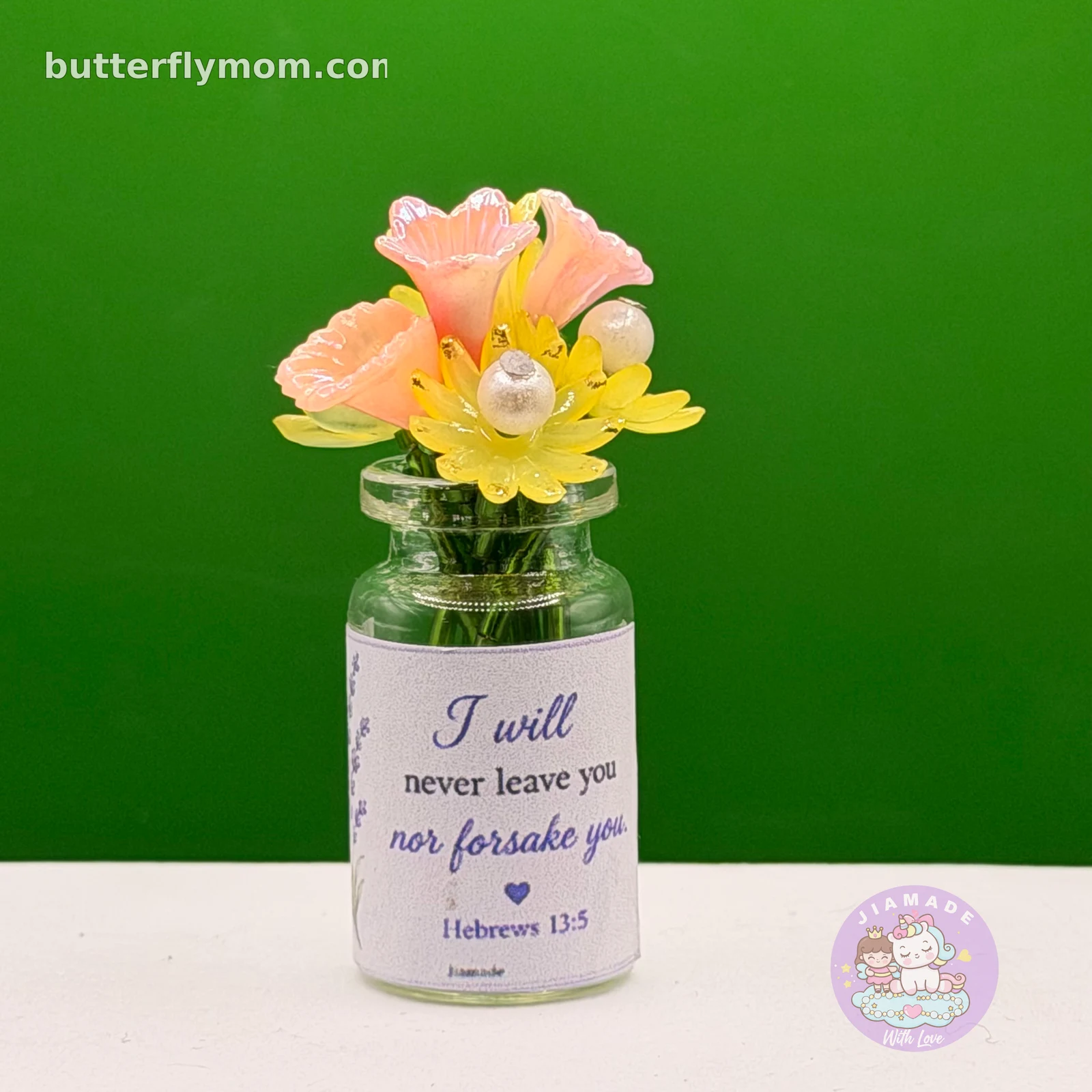 Forever Bloom Mini Floral Keepsake Bottle – Peach & Yellow Flowers with Pearl Accents — handmade MultiColor jewellery